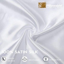 Pillowable - White 48x8 Satin Silk Round Body Pillow Cover - Full Zipper Closure - Bolster Roll Pillowcase - Hypoallergenic