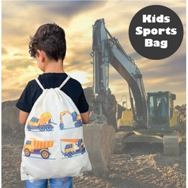 HECKBO Turnbeutel Kinder Mädchen Junge - Baufahrzeuge Bagger beige - Kindergarten, Kita, Krippe - Rucksack, Beutel, Sporttasche, Sportbeutel, Kindergartenrucksack, Kinderrucksack Stoffbeutel