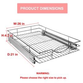 Sikarou Pull Out Cabinet Organizer 26" W x 21" D, Heavy Duty Kitchen Cabinet Pull Out Shelves, Slide Out Wire Basket for Kitchen Cabinets, Bathroom, Pantry, Chrome Finish