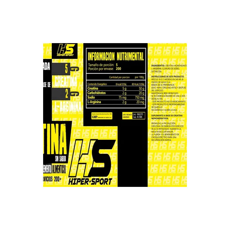 Creatina Monohidratada HS Supplements 1 Kg Polvo Sabor Natural Moras