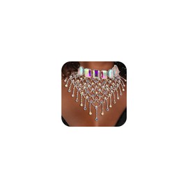 Flyonce Sparkly Rhinestone Tassel Choker Necklace, Shining Crystal Statement Wide Collar Necklaces Tennis Chain Party Nightclub Jewelry Accessories Iridescent AB Gold-Tone