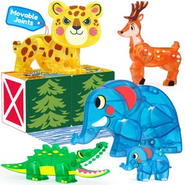 Oriate Magnet Jungle Animal Toys for Kids Magnetic Tiles Blocks, 5pcs Magnetiles Animals for Kids, Movable Joints Zoo Animals Match Magnetic Construction Building Magnet Tiles, Educational Travel Toy