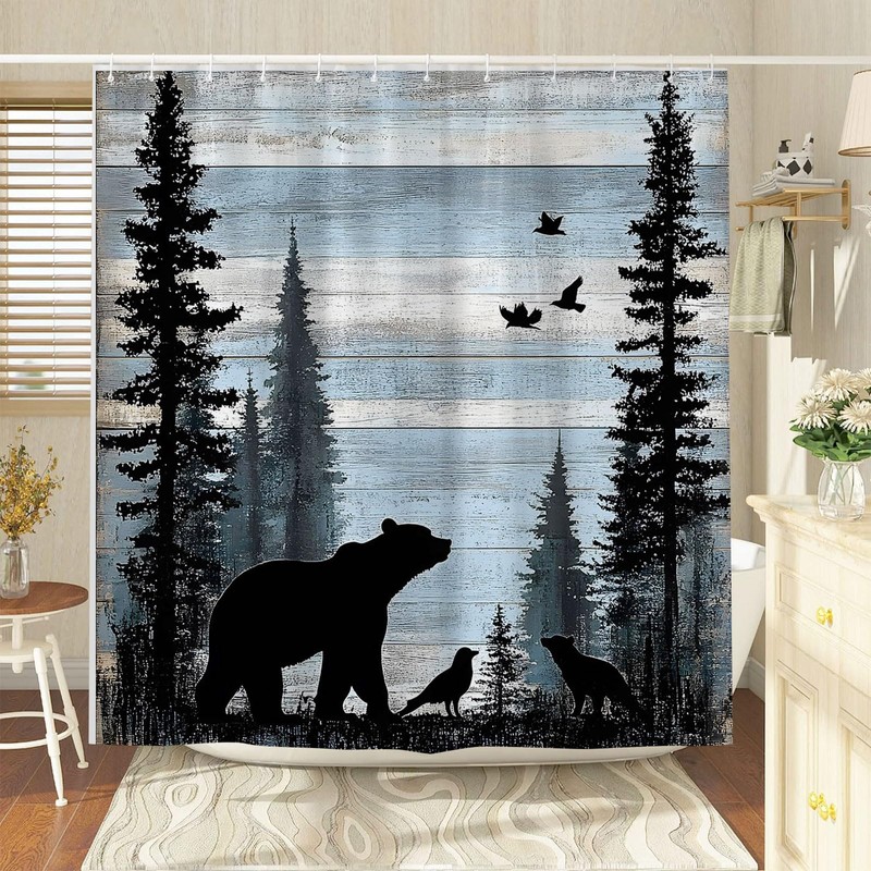 BCNEW Rustic Cabin Bear Forest Shower Curtain Polyester 70×70 Inch