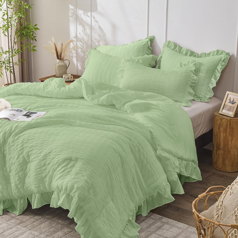JOLLYVOGUE Sage Green Comforter Full Size, 3 Pieces Seersucker Lightweight