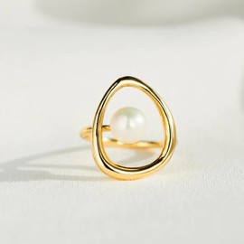 FUNYCHEN Pearl Ring for Women 925 Sterling Silver 14k Gold Plated Ring Mother Daughter Ring Danity Irregular Statement Wedding Band Bridal Ring Graduation Jewelry Birthday Summer Ocean Gifts for Her