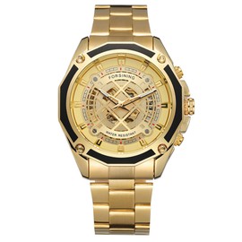 FORSINING Geometry Hollow Automatic Mechanical Men Watch Wristwatch (Gold Dial Gold Strap)