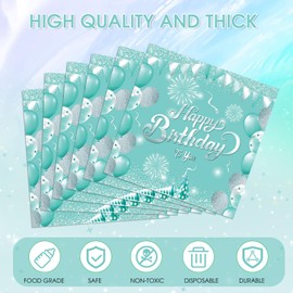 40 PCS Happy Birthday Napkins Teal and Silver Glitter Themed Birthday Party Napkins for Girl Woman Birthday Wedding Party Family Picnic 2 Ply
