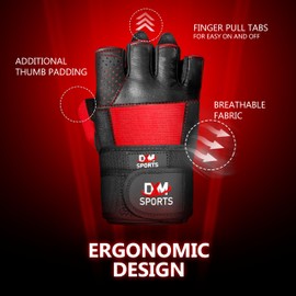 DXM SPORTS Weight Lifting Gym Workout Gloves with Wrist Wrap Support for Men & Women, Full Palm Protection Exercise Gloves for Weightlifting, Training, Fitness, Hanging, Pull ups (Red, Medium)