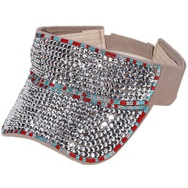 Shiny Rhinestone Sun Visor Bling Sun Hat for Women Adjustable Summer Sport Glitter Cap for Running Cycling Beach Theme Party-KhakiSliverF-OneSize