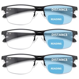 Caeyer 3 Pack Bifocal Reading Glasses Men Blue Light Blocking Metal Half Frame TR90 Temples MultiFocal Readers with Spring Hinges(2x)