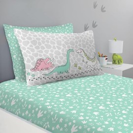 Kids Single Fitted Sheet Set - Dinosaur Bedding For Childrens & Toodlers - Soft & Comfortable Scale Bed Sheets For Kids Room - Easy Care Sheet Set ( 1 Fitted Sheet + 1 Pillowcase ) - Multi