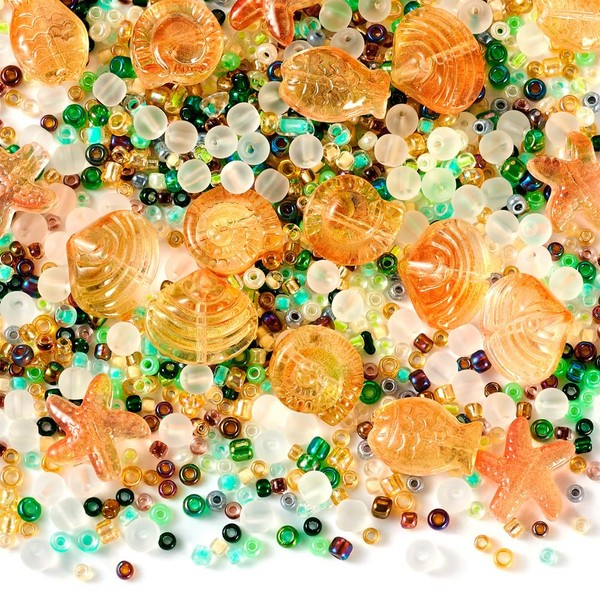 Cheriswelry About 1600~2000pcs Ocean Theme Paint Glass Beads Starfish Shell