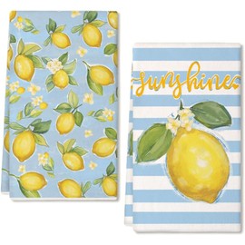 CharmBurst Set of 2 Summery Lemon Tea Towels Kitchen Decor, Lemon Yellow Dish Towels, Usable as Hand Towels and Cleaning Cloths, Lemon Napkins Kitchen Towels