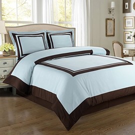 sheetsnthings Hotel 300-Thread-Count, 100-Percent Cotton King-California King 3PC Duvet Cover Set, Blue with Chocolate Trim