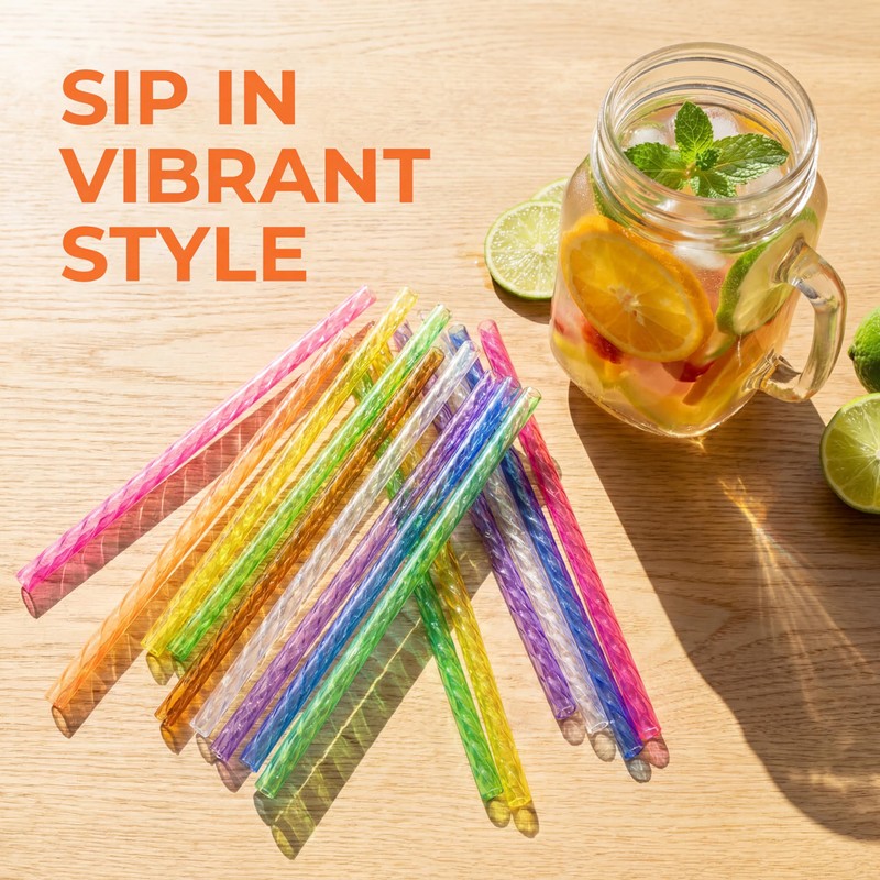 50PCS Reusable Straws with Cleaner Brush, 9.06" Long Colorful Clear