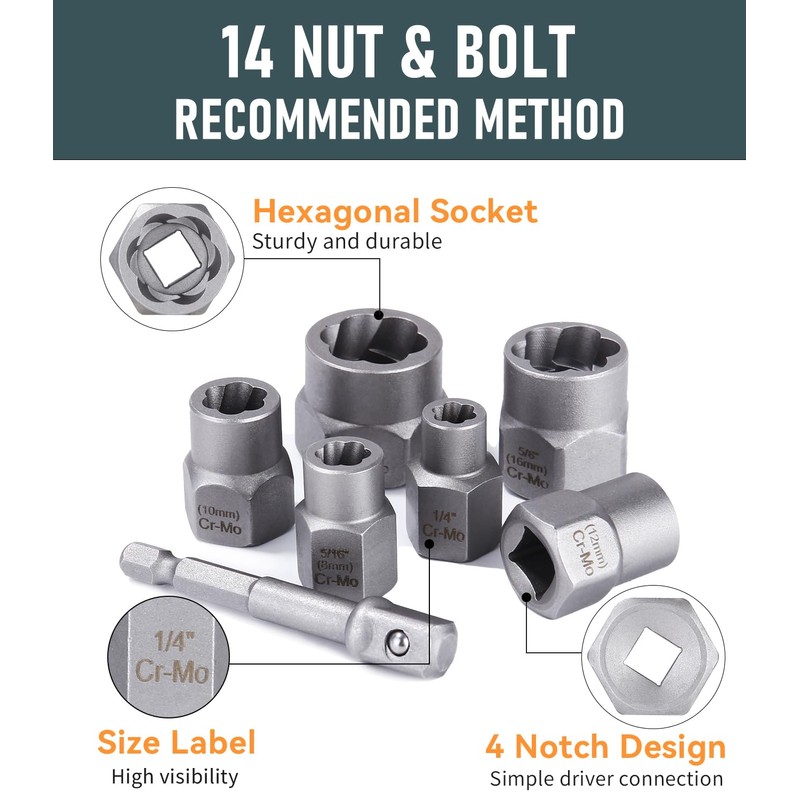 Bixury 14-Piece Nut Remover Set 3/8 Inch Nut Socket Set