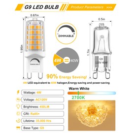 BAOMING G9 LED Bulb Dimmable 4W, 40 Watt T4 G9 Halogen Equivalent, 2700K Soft Warm White, 120V No-Flicker, Chandelier Lighting 450LM (18 Pack)