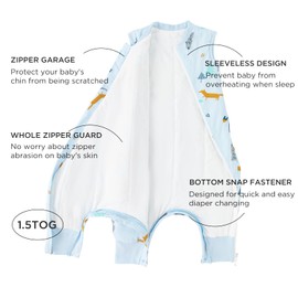 Duomiaomiao 1.5 TOG Toddler Sleep Sack 6-12 Months 100% Cotton Four Season Side Open Zipper Baby Sleep Sack with Feet, Breathable Toddler Wearable Blanket