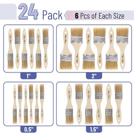 Bates- Natural Bristle Brush Set - Assorted Sizes, 24 Pack, Chip Brushes for Paint, Wood Stain, and More