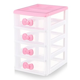 Girls Cute Lovely Color Storage Box Makeup Organizer with 4 Layers, Cute Storage Cabinet Box with Bow Handle, Desktop Storage Box for Home Bedroom Bathroom Women Girl Gifts (Pink)