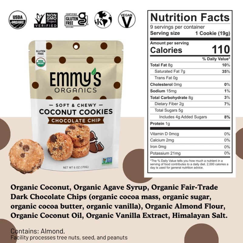 Emmy's Organics Chocolate Chip Coconut Cookies (Pack of 2)| Gluten-Free,