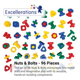 Excellerations Nuts and Bolts - Ages 3+, 96 Pieces with Storage Tub, Preschool Manipulatives, Montessori Toys, Stem Building Blocks