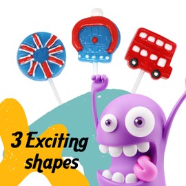 British Party Lollipops - 12 Individually Wrapped UK Candy Suckers - Fun British-Themed Favors with Union Jack, Double Decker Bus, and Crown Shapes for Royal Parties and Birthdays