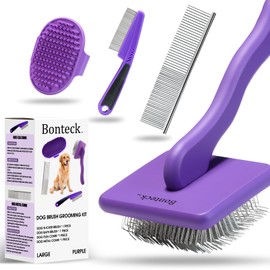Bonteck Dog Slicker Brush for Dogs Grooming Kit 4PCS | Large Dog Brush for Goldendoodles Poodles Doodles | Long Pin Haired Brush | Dog Bath Brushes Flea Comb(Purple)