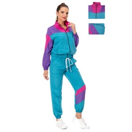 MASSWO 80s Track Suit for Women, 2 Piece Color Block Sweatsuits Neon Outfit Retro Sweatsuits for Themed Party
