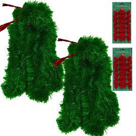50 Feet Christmas Garland Decoration, ENLAYER 6 Inch Width Soft Green Holiday Decor for Holiday Happy New Year Party Tree Home Office Event with 12 Red Bow Tie(6Inch,2PCS)