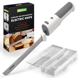 NutriChef Cordless Electric Knife | Easy to Use Constant ON/OFF Safety Function Button | Carve Turkey, Meats, Poultry, Bread, Cheese & More | Lightweight with Contoured Grip Handle | White & Grey