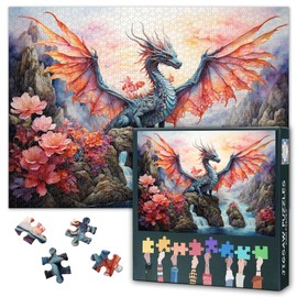 Dragon Puzzles for Adults, 1000 Pieces, Winged Dragon Puzzle, Back No Dust, Pink Landscape Home Decor, Challenging Puzzles for Cognitive Training, 27.5 inches x 19.6 inches/70 x 50 cm