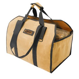 CARBABY Firewood Bag, 2-Way Use, Log Carrier, Firewood Case, Portable, with Handle, Stove Accessories, Made of Canvas, Waterproof, Khaki, 1 piece