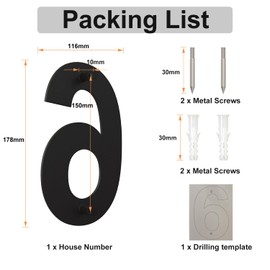Large Black Brushed Modern House Number -178mm Height - Made of Solid 304 Stainless Steel, Floating Appearance and Easy to Install (Number 6 Six / 9 Nine)