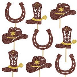 12pcs Cowboy Party Decorations Glitter Horseshoe Cowboy Hats Boots Centerpiece Sticks Western Centerpieces for Table Wild West Party Decorations for Rodeo Theme Birthday Supplies