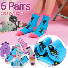 ANTSANG Children Cotton Crew Socks for Girl Boy Kids Toddler Fashion Cute Cartoon Animal Cat Socks 6 Pack (Cat-L, 9-14 Years Old)