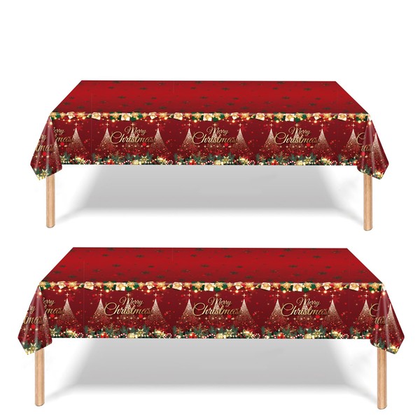2 Pack Christmas Table Cloth Party,137x274cm Rectangle Large Plastic Tablecloth Holly Santa Party Tableware Decorations,Red Xmas Tablecovers Party for Winter Holiday Xmas Party Dinner Table Cloths