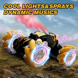 Remote Control Car for Boys 8-12, 4WD Gesture Sensing RC Stunt Car 2.4Ghz with Lights Music Sprayer RC Cars for Boys Age 4-7 8-12 Hand-Controlled Cars Toys Birthday Gifts for Kids Boys & Girls Yellow