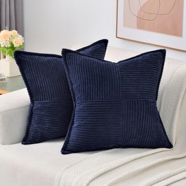 HAUSSY Navy Blue Large Decorative Throw Pillow Covers 26x26 Inch Set of 2,Soft Solid Corduroy Striped Cushion Case,Square Euro Pillow Shams,Modern Home Decor for Couch,Bed