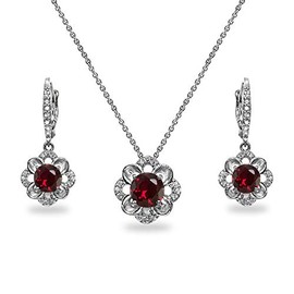 B. BRILLIANT Sterling Silver Synthetic Ruby 6mm Round-Cut Flower Dainty Slide Necklace & Leverback Earrings Set