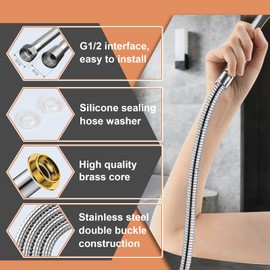 JADUFHU G1/2 Inch Stainless Steel Shower Hose Torsion Resistant Shower Hose High Temperature Resistant Universal Standard Connector Silver