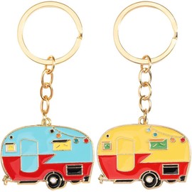 2 Pcs RV Camper Keychain Camping Car Caravan Keyring Retro Camper Keyrings Couples Camping Accessories Gifts for Men Women Friends Vacation Travel Souvenirs Motorhome Trailers Decor