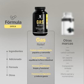 Gas Relief de 180 cápsulas. Ingredientes naturales: Carbón Vegetal, Camomila, Papaína, Alfa-Galactosidasa, Probióticos. Gas Relief B Life.