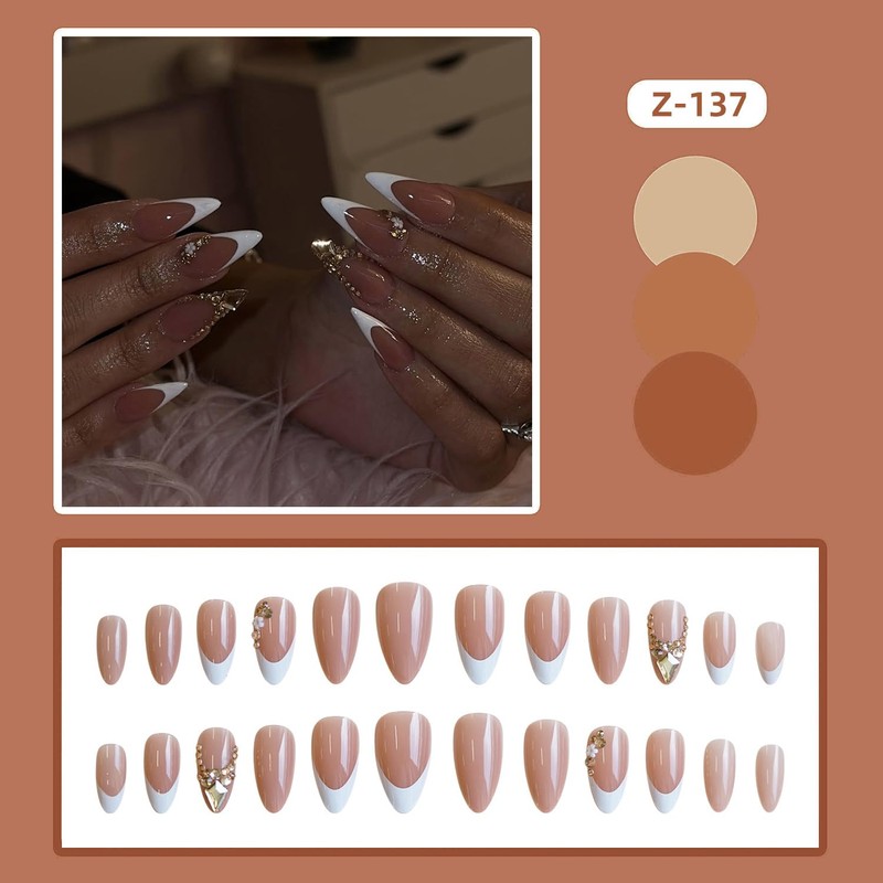 White French Tip Press on Nails 3D Flower Rhinestone Design