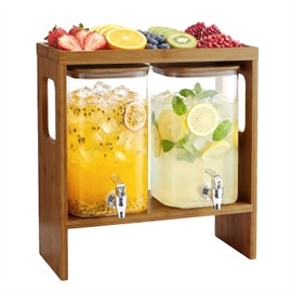 2 PCS 1.2 Gallon Drink Dispenser, Glass Beverage Dispenser with Wood Stand and Detachable Food Platter, Party Drink Dispensers for Lemonade, Juice, Tea, Ice Coffee