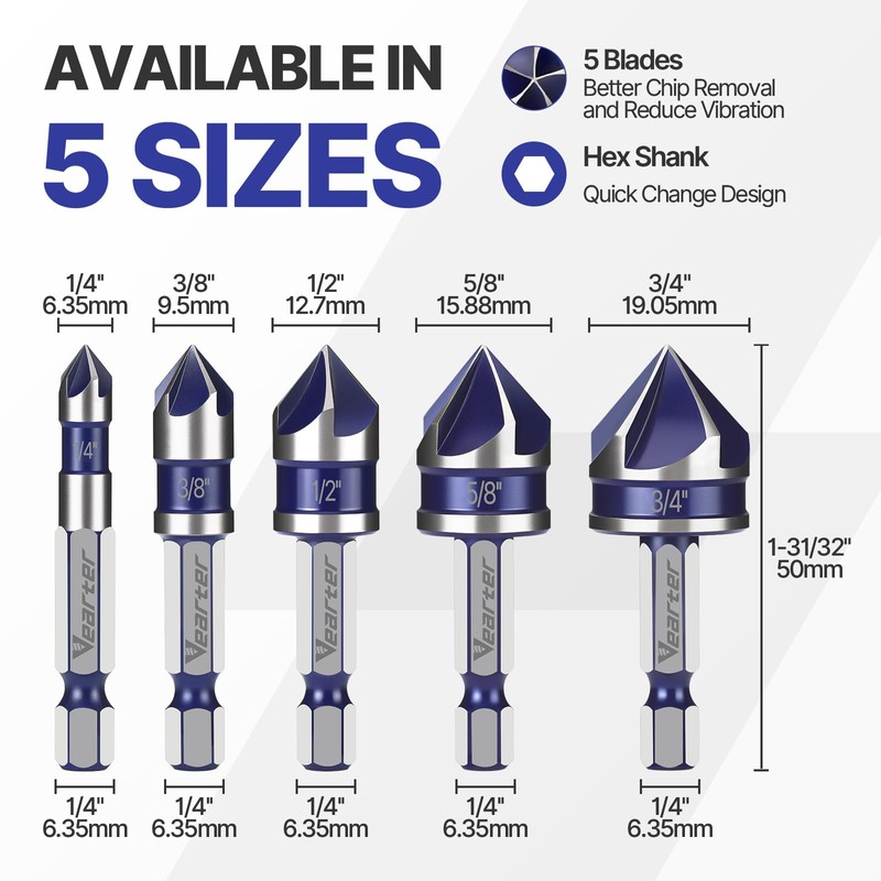 Vearter Countersink Drill Bit Set 1/4'' to 3/4'', 5PCS HSS