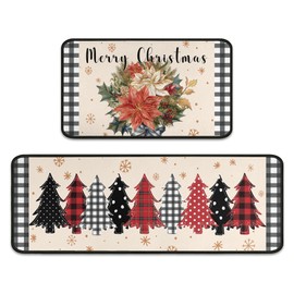 Christmas Kitchen Mats Set of 2, Christmas Decorations for Home Xmas Tree Holly Pine Branches Pinecones Winter Mat Xmas Decor Low-Profile Kitchen Rugs for Floor 17"X47"+17"X30" (Poinsettia)