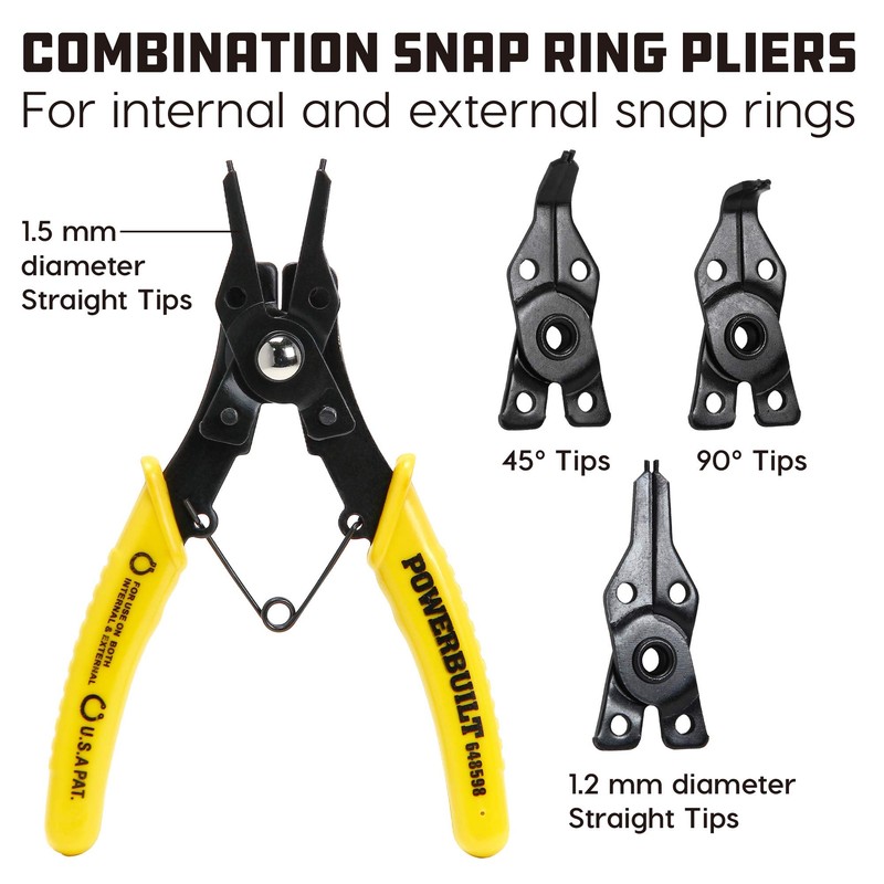 Powerbuilt Snap Ring Pliers Set, 4 interchangeable Heads, Straight, 45°,