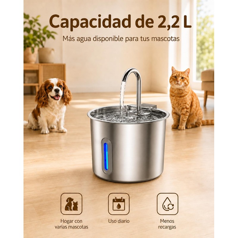 Fuente de Agua para Gato de 2.2L, 6 Filtros Bebedero
