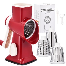 Rotary Cheese Grater with Handle Kitchen Shredder Slicer Grater Slicer Ice Shaver Cheese Vegetable Nuts Potato Zucchini Chocolate 5 Interchangeable Blades (RedWhite)